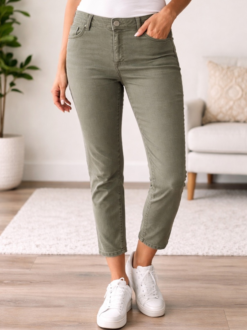 Democracy Ab Technology Olive Green Stretch Jeans Size 16 Mid Rise Cropped